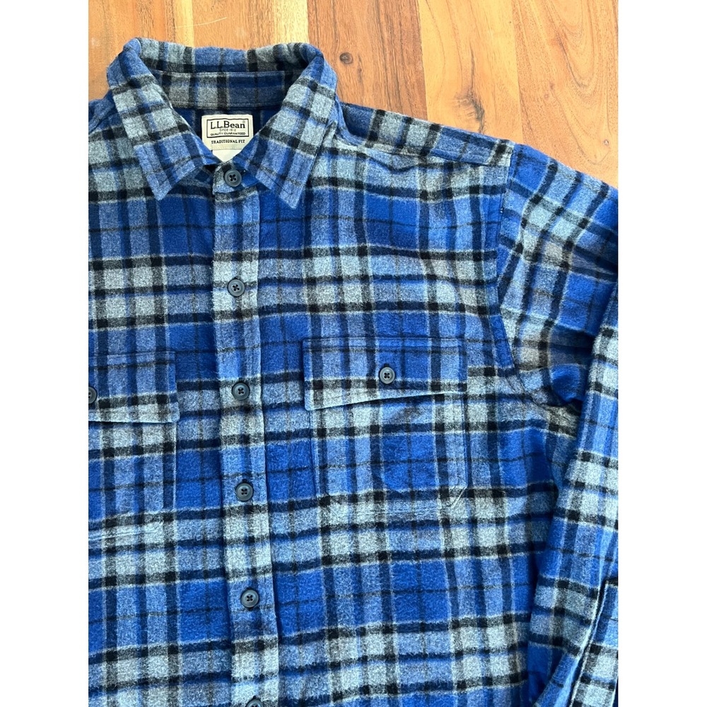 LL Bean Mens Flannel Shirt Large Tall Blue Grey Plaid Cotton Traditional Fit